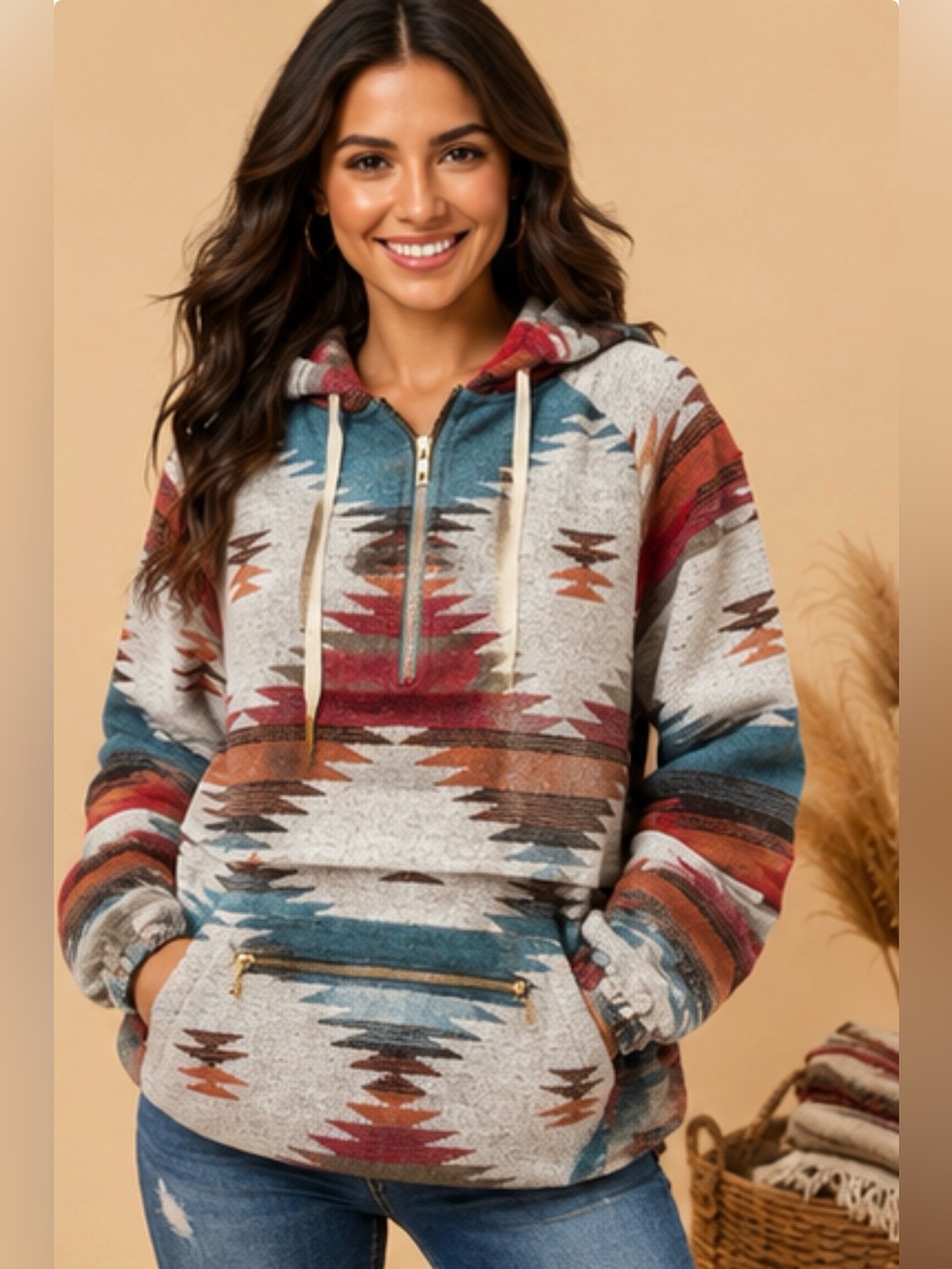 MainStrip Aztec Half-Zip Hoodie in Teal, Rust & gray size LARGE